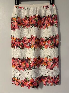 White Floral Lace appliques Midi Pencil Skirt Pink & Orange Bloom Print Medium